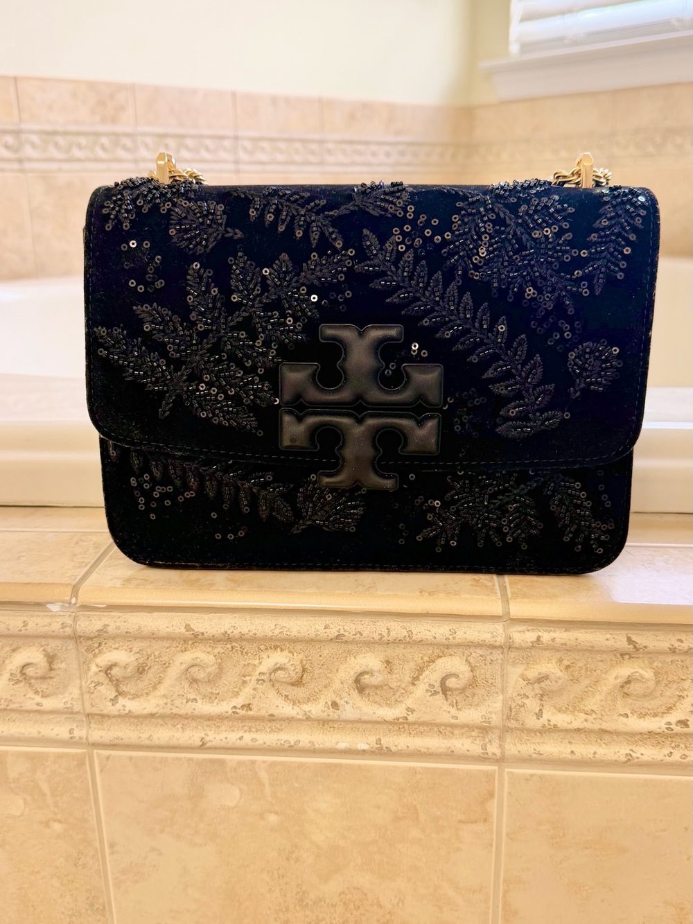 Tory Burch Black Suede Sequin Embroidered Fleming  Bag